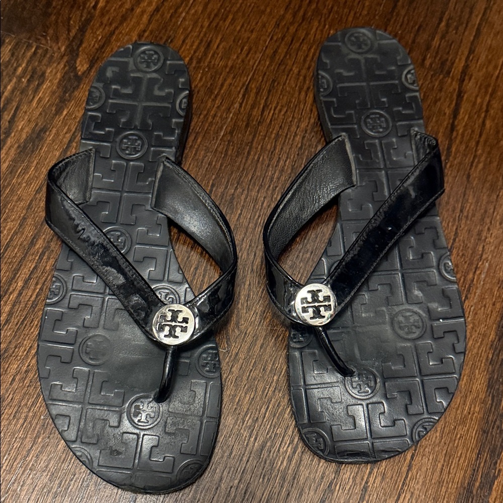 Tory Burch Black Sandals with Silver Logo